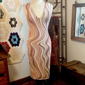 AFRM Tan and Cream Sheath Midi Dress Plunge Neckline
